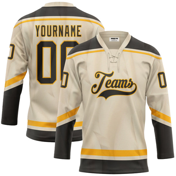 Custom Cream Black-Gold  Lace Neck Hockey Jersey For Men & Women
