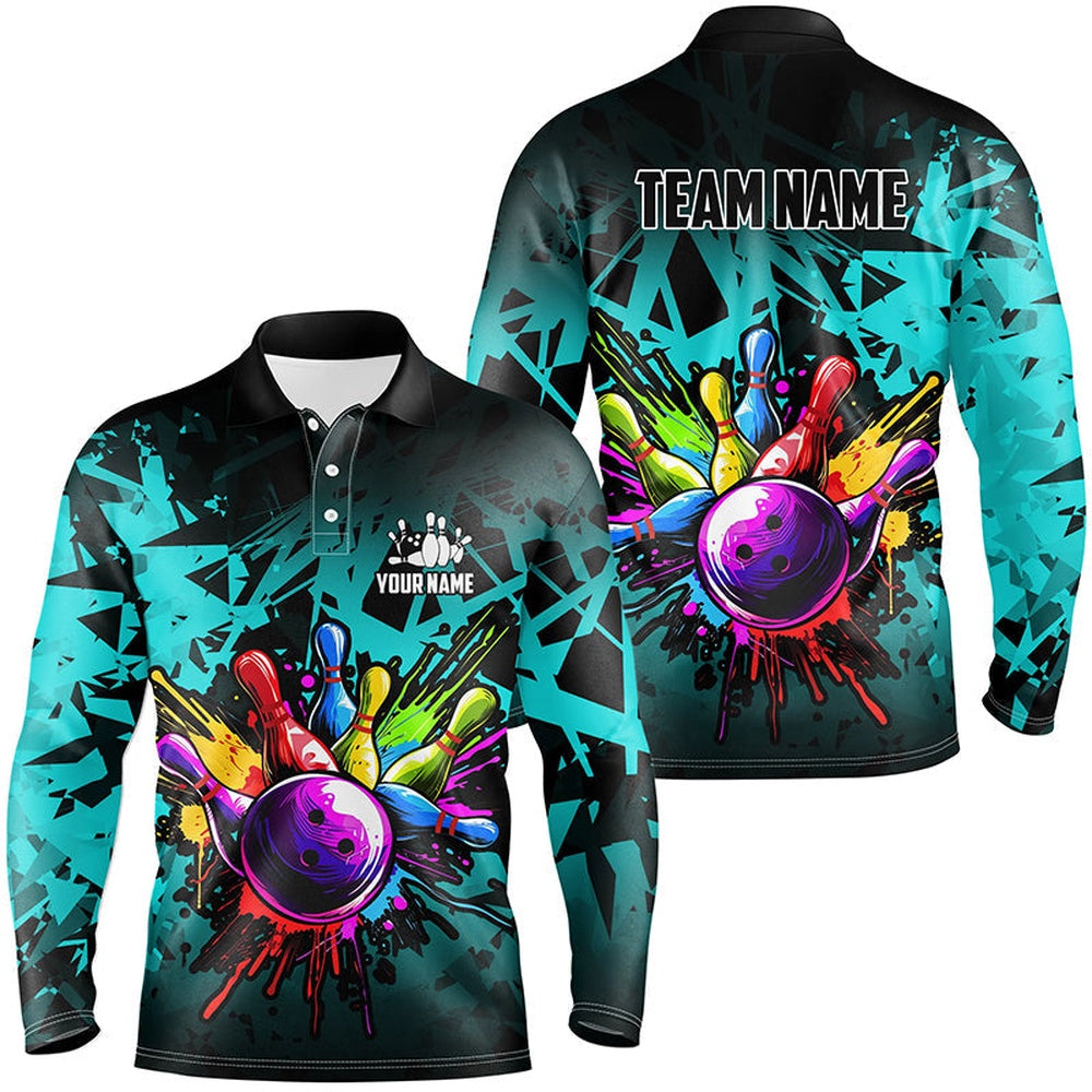 Custom Bowling Polo Shirts, Colorful Bowling Jerseys Polo, Zip Shirt For Men Custom Bowling Team Shirts For Bowler Cyan Blue