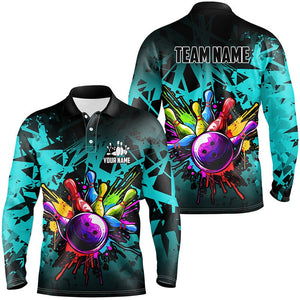 Custom Bowling Polo Shirts, Colorful Bowling Jerseys Polo, Zip Shirt For Men Custom Bowling Team Shirts For Bowler Cyan Blue