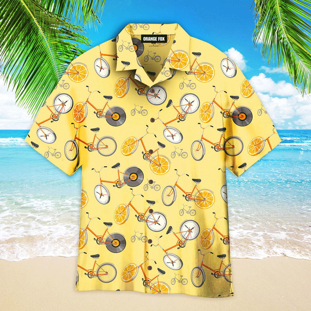 Cute Retro Bikes With Oranges Pattern Aloha Yellow Hawaiian Shirts For Men And Women WH1176