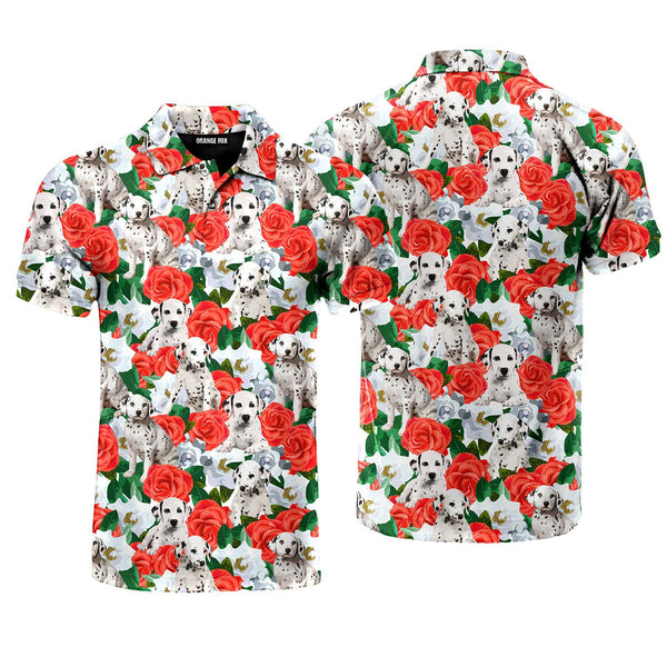 Dalmatins Dog In Red Flowers Polo Shirt For Men