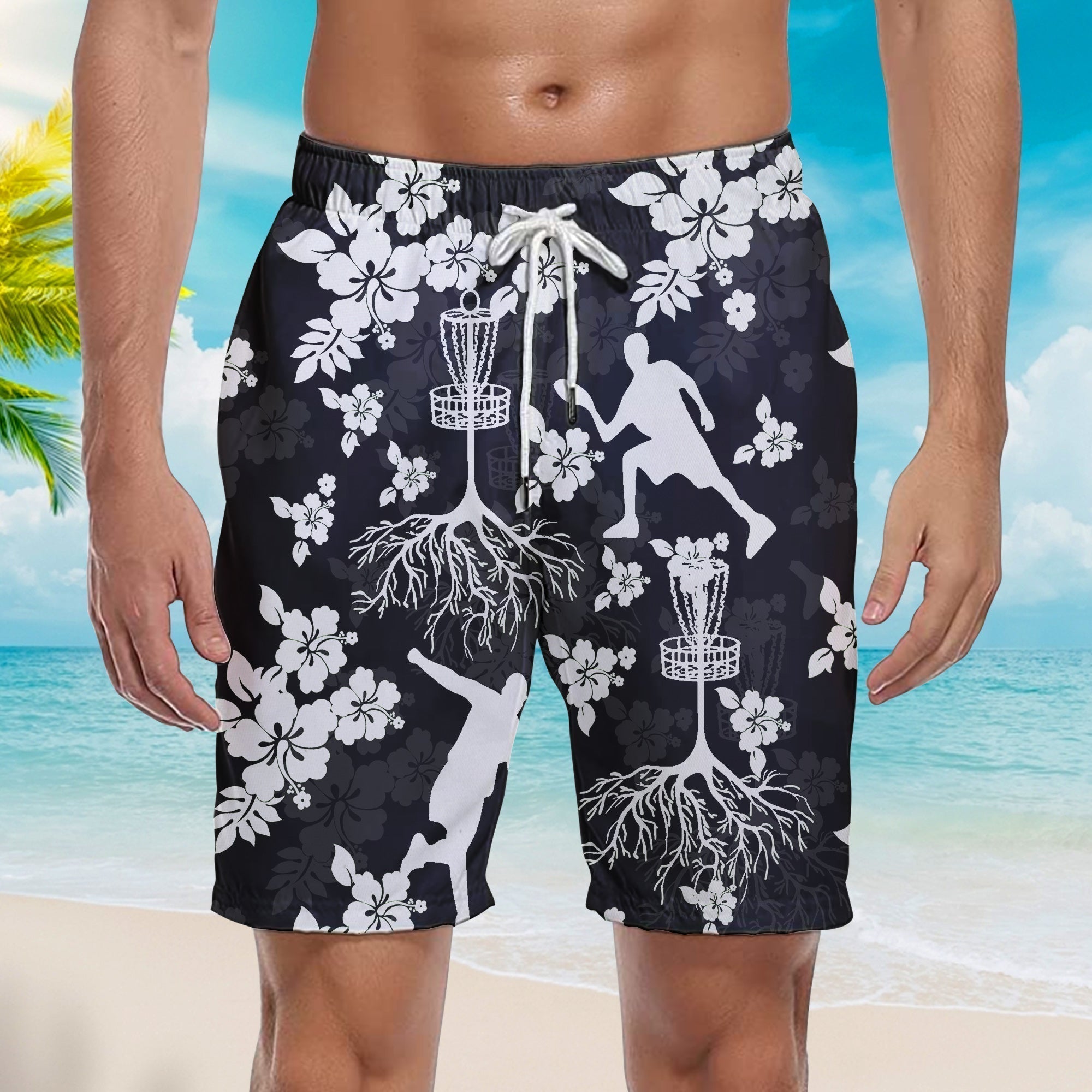 Disc Golf Tree Hibiscus Black Hibiscus Black Beach Shorts For Men