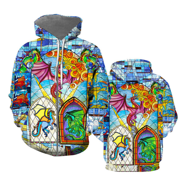 Dragon Stained Glass Skull Zip Up Hoodie For Men & Women