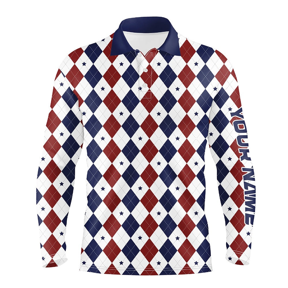 Golf Polo shirts, Mens Golf Polo Shirts Custom Red, White And Blue Argyle Plaid Pattern Golf Attire For Men