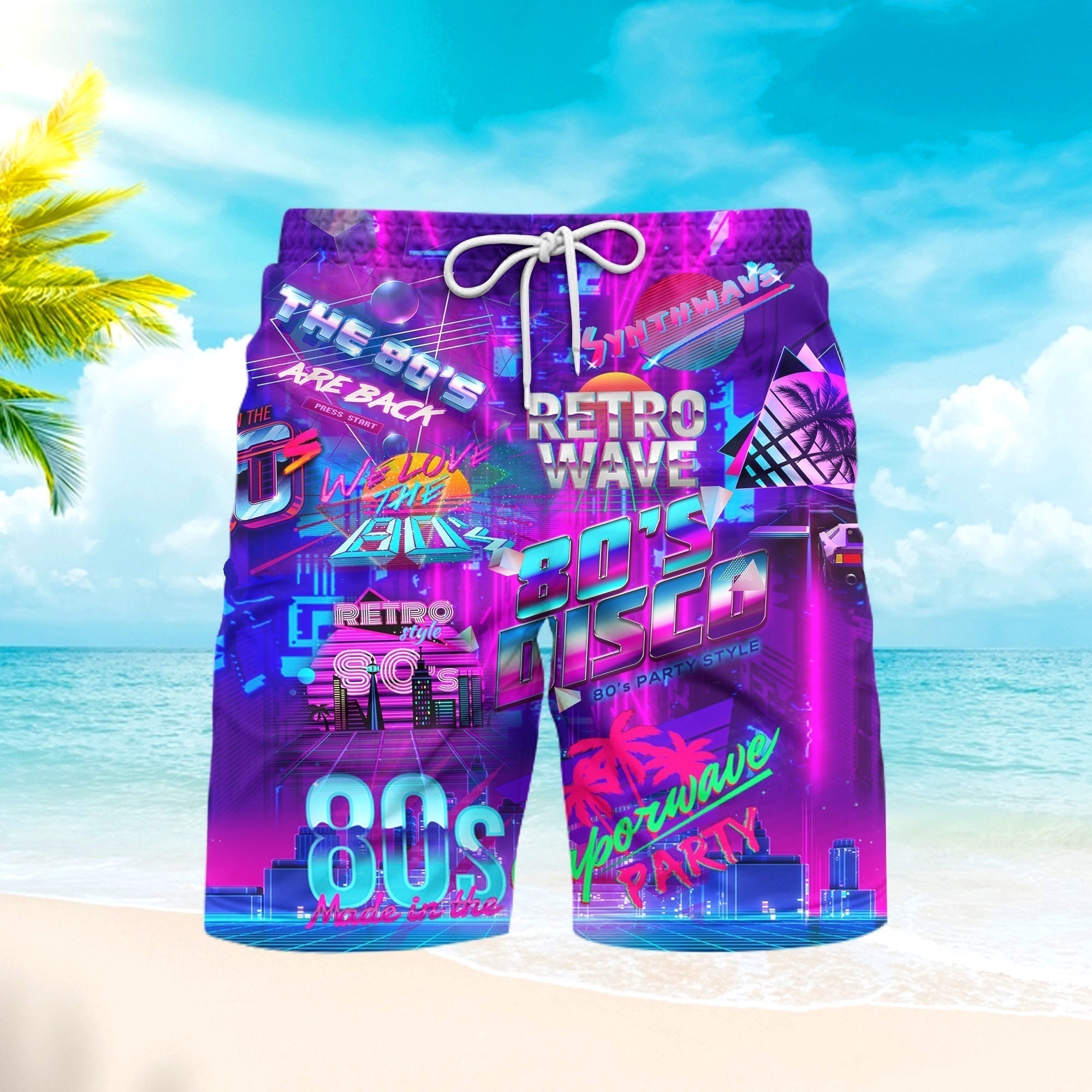 I love 80s Music Party Colorful Neon Lights Beach Shorts For Men