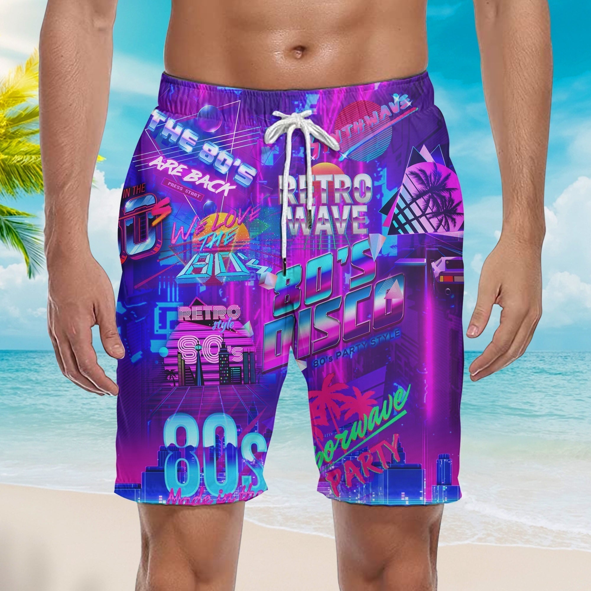 I love 80s Music Party Colorful Neon Lights Beach Shorts For Men