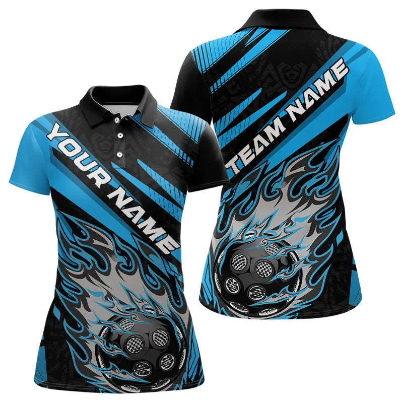 Black And Blue Custom Flame Pickleball Polo Shirts For Women, Pickleball Jerseys IPHW8102