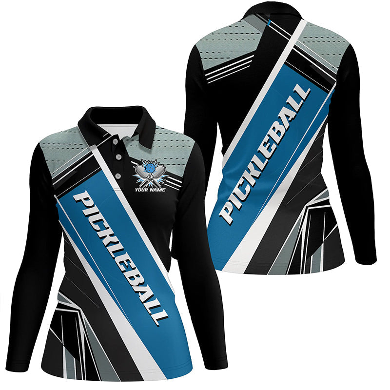Black And Blue Personalized Pickleball Jerseys for women, Pickleball Polo Shirts Uniform IPHW6923