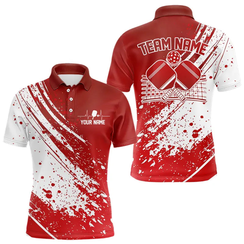 Custom Red And White Pickleball Polo Shirts For Men, Pickleball Heartbeat Pulse Line Shirt IPHW8201