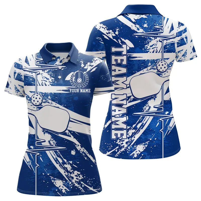 Blue And White Pickleball Heartbeat Pulse Line Custom Pickleball Team Polo Shirts For Women IPHW8211