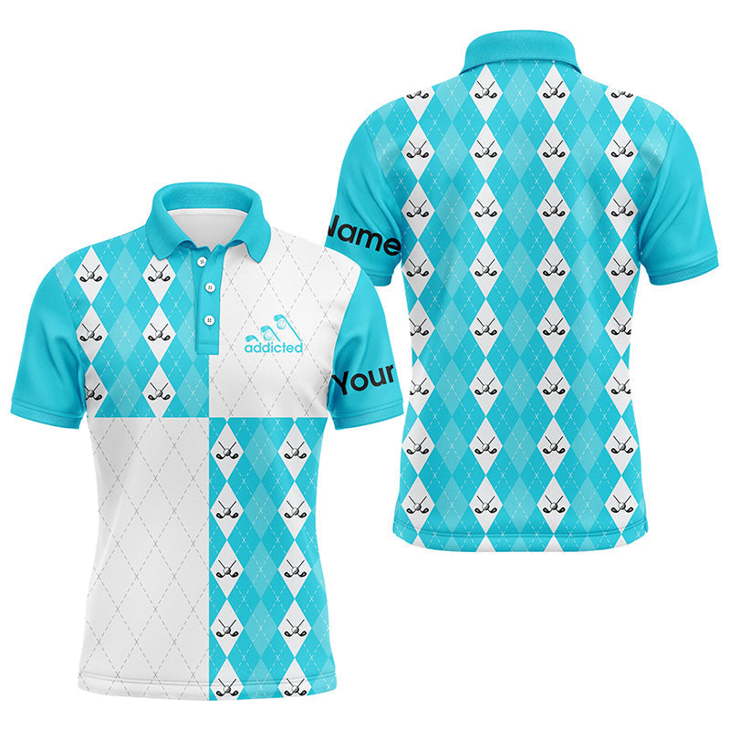 Men's Custom Cyan Blue and White Golf Polo Shirt with Golf Ball and Club Argyle Plaid Pattern N7447