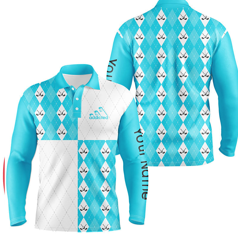 Men's Custom Cyan Blue and White Golf Polo Shirt with Golf Ball and Club Argyle Plaid Pattern N7447
