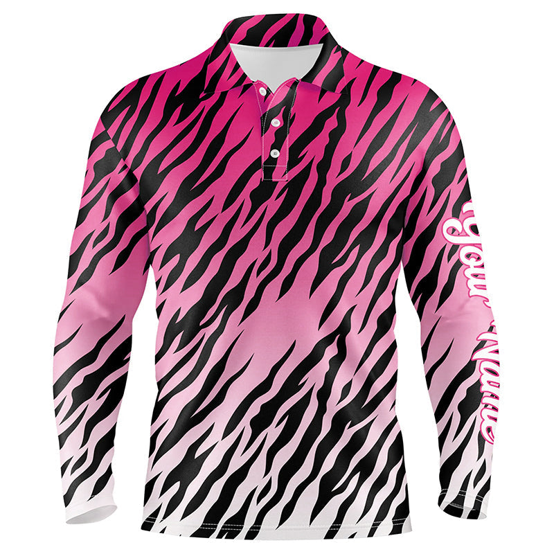 Men's Custom Golf Polo Shirt with Pink Tiger Stripes Pattern - Stylish Golf Apparel and Ideal Golf Gift N7111