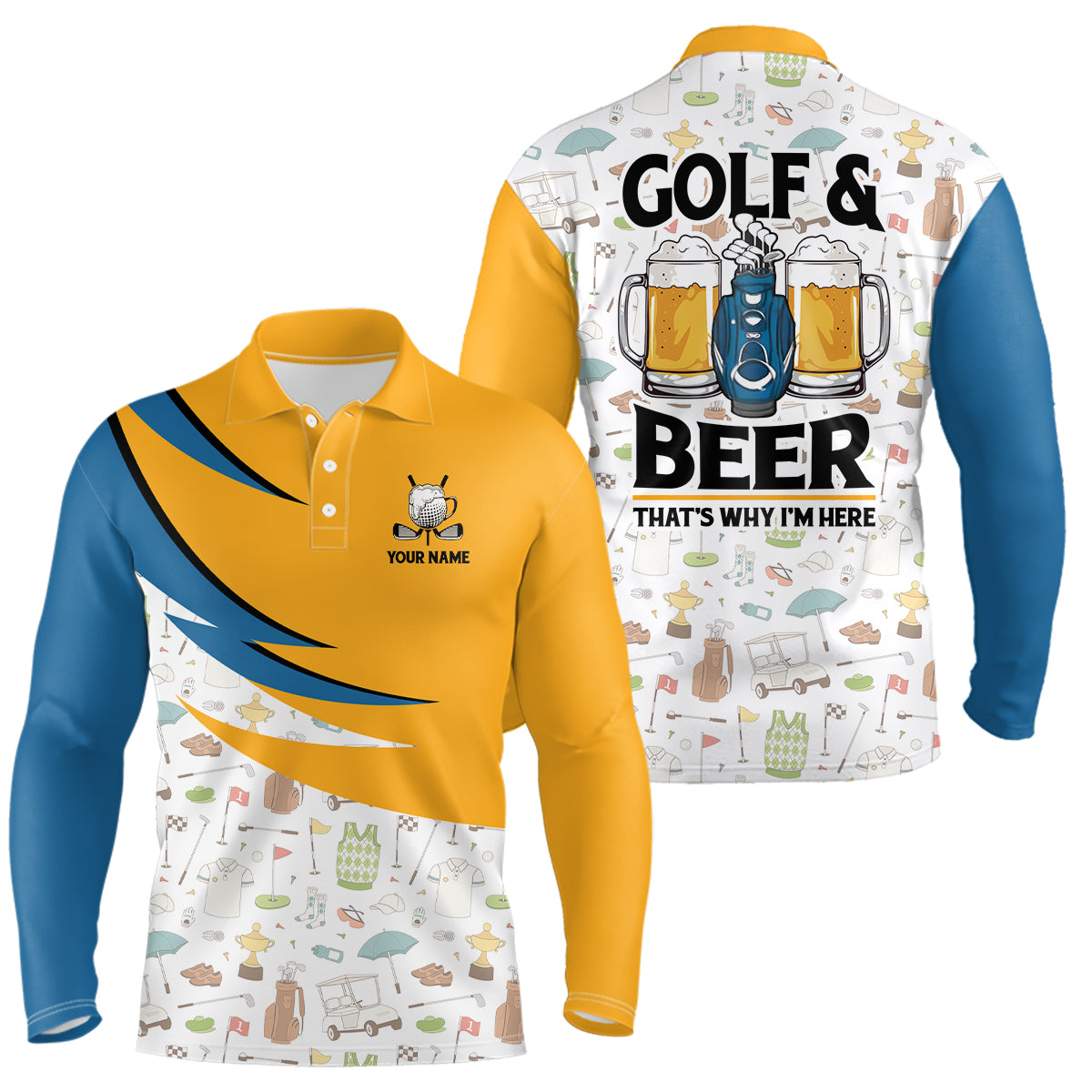 Golf & Beer That's Why I'm Here Men's Polo Shirt with Golf Icons - Cool Golf Apparel for Men L0471