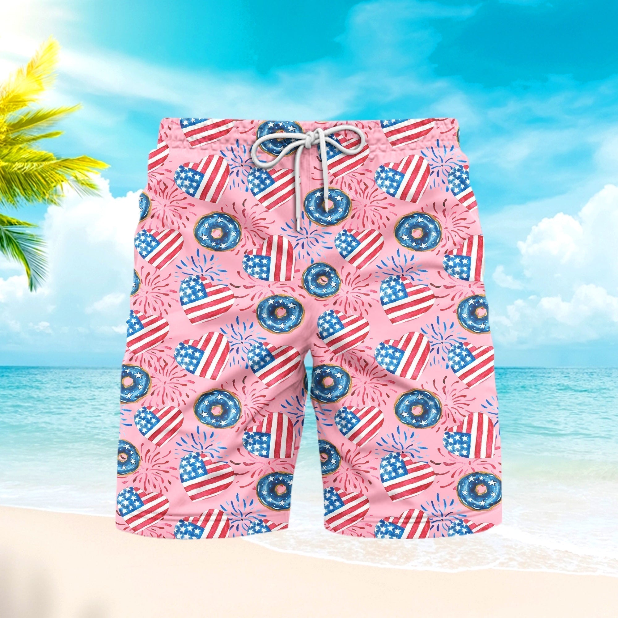 Independence Day 4th Of July Love American Donuts Patriotic Beach Shorts For Men