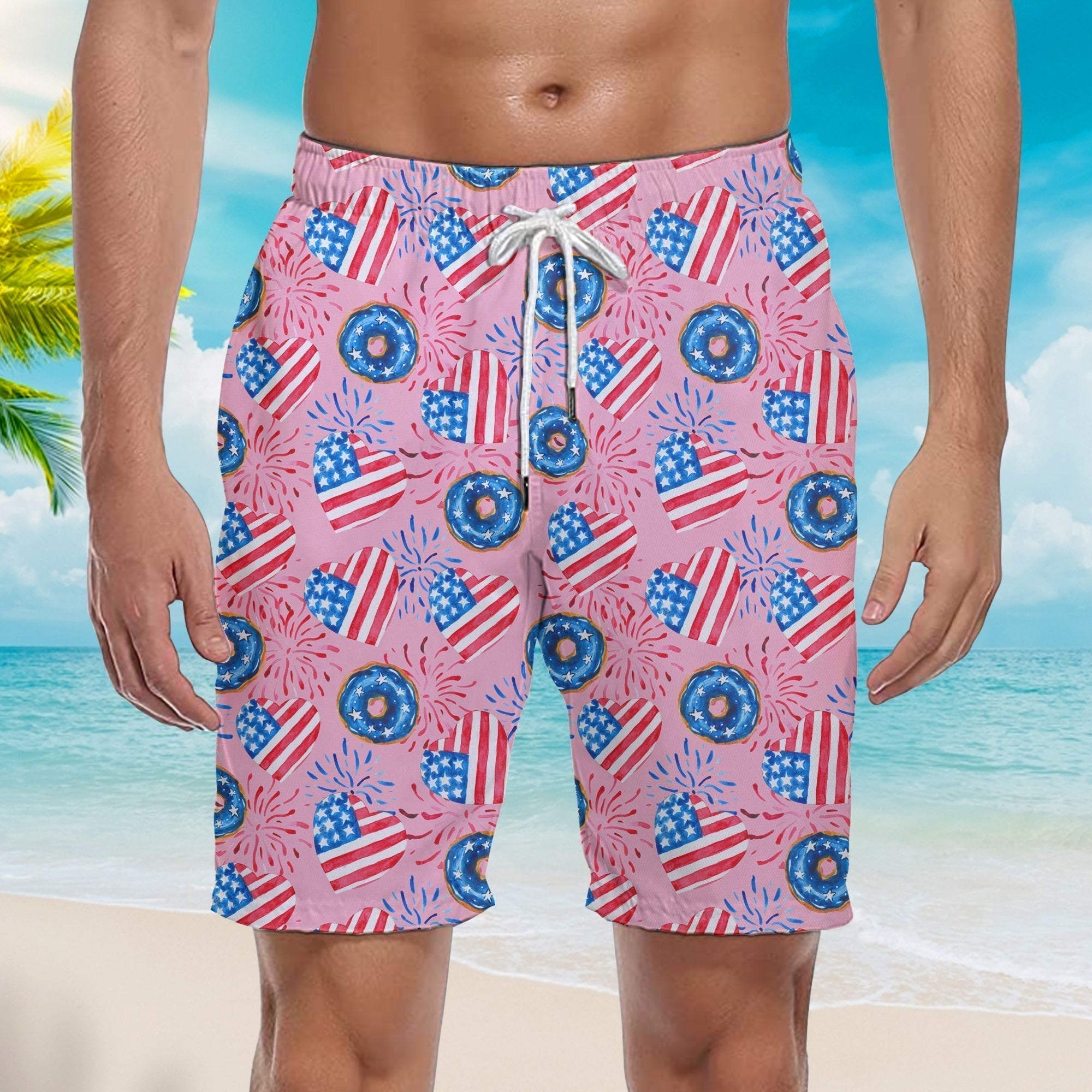 Independence Day 4th Of July Love American Donuts Patriotic Beach Shorts For Men