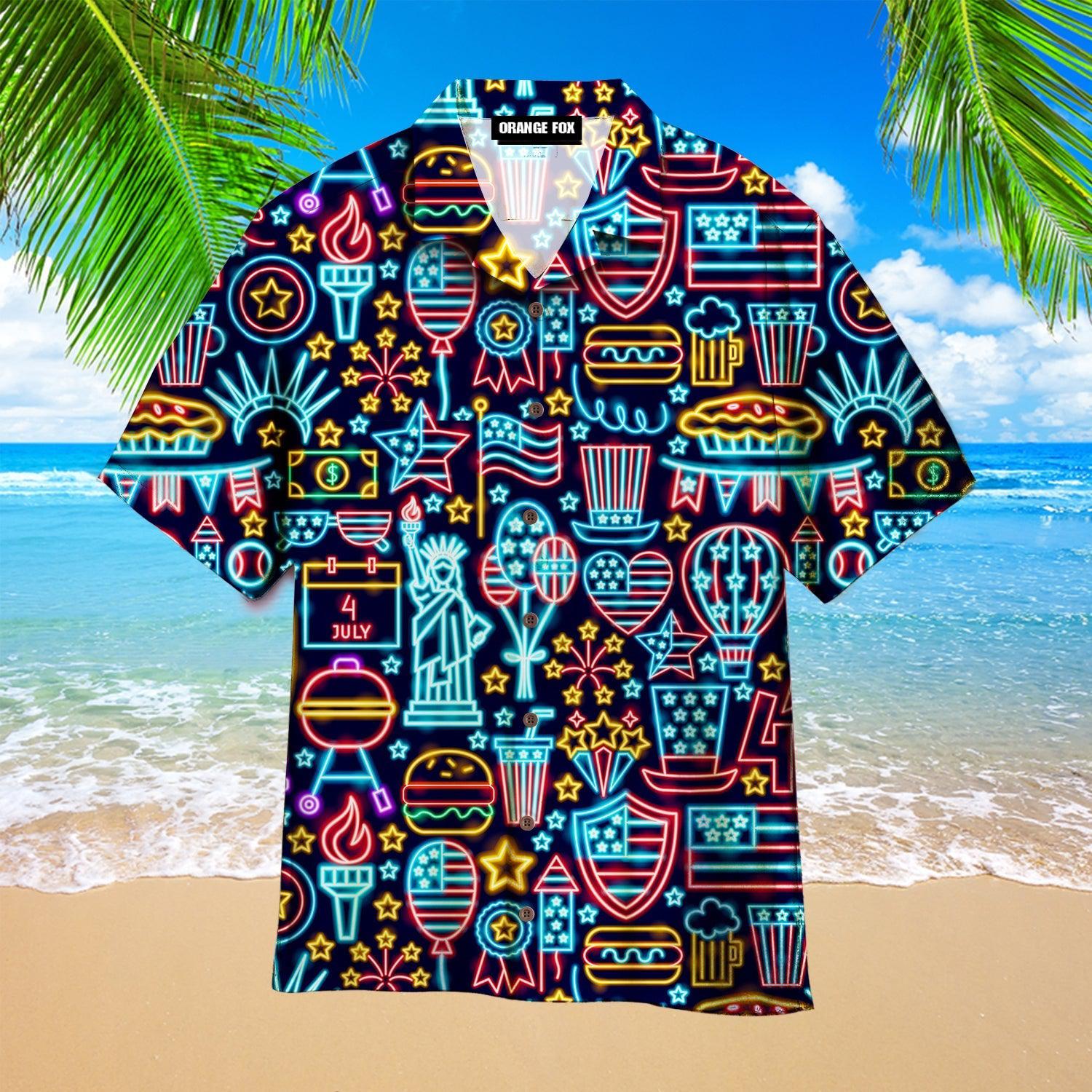 Independence Day 4th Of July Outfit Neon Style Patriotic Black Aloha Hawaiian Shirt For Men & Women