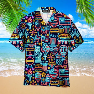 Independence Day 4th Of July Outfit Neon Style Patriotic Black Aloha Hawaiian Shirt For Men & Women
