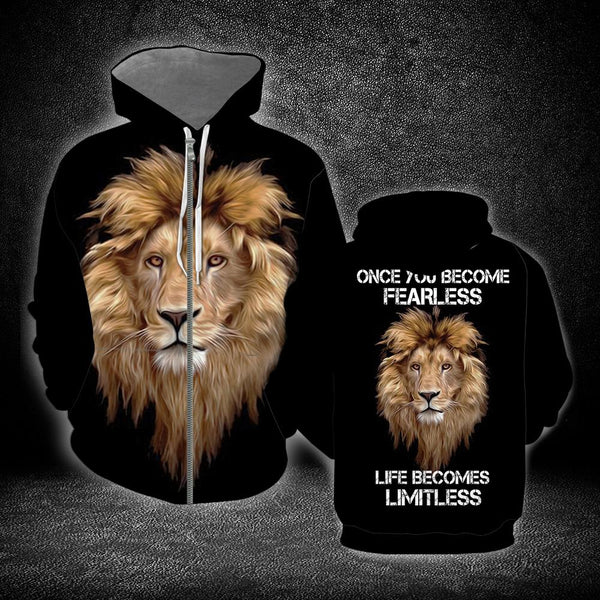 Lion Head Fearless Inspirational Zip Up Hoodie For Men & Women