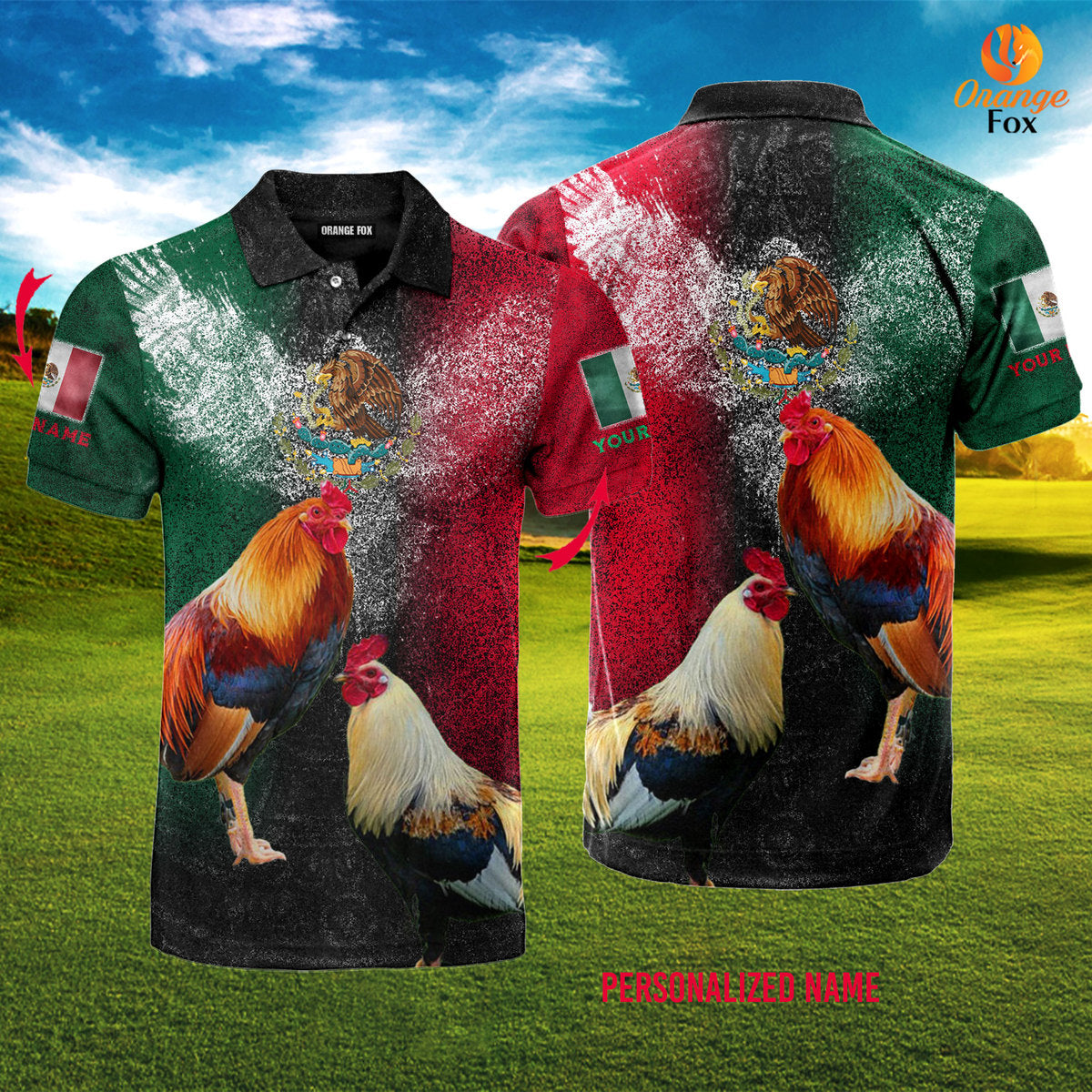 Mexico Rooster Mexican Flag Custom Name Polo Shirt For Men & Women
