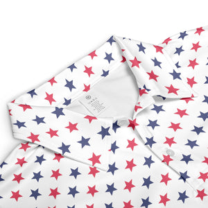4th of July White Polo Patriotic Golf Shirt for Men Red and Blue Stars Moisture Wicking Summer Top