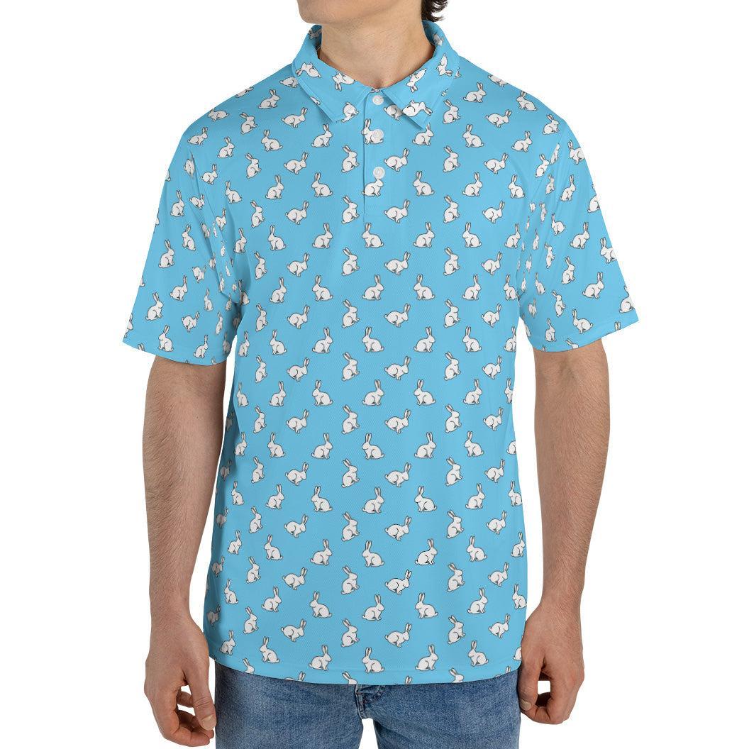 Blue Easter Bunny Polo Shirt for Men Cute White Rabbit Print Moisture Wicking Short Sleeve Golf Top