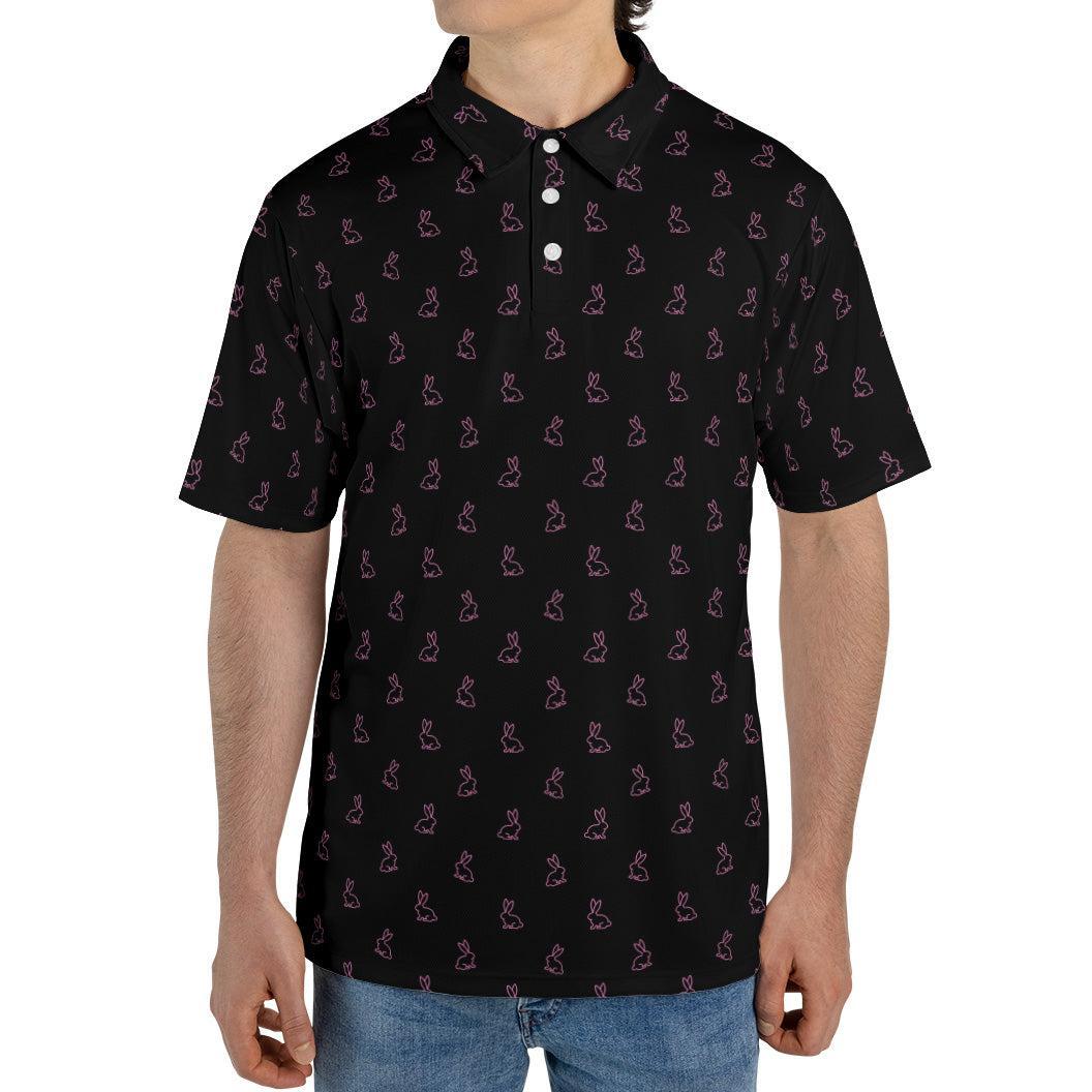 Black Polo Golf Shirt for Men Pink Easter Bunny Festive Rabbit Print Moisture Wicking Short Sleeve Top