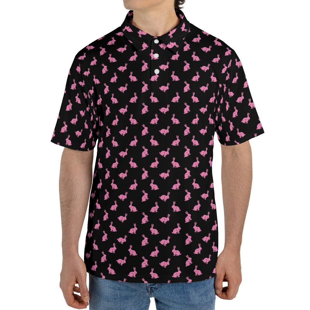 Black Easter Bunny Polo Shirt for Men Cool Pink Rabbit Print Moisture Wicking Short Sleeve Golf Top