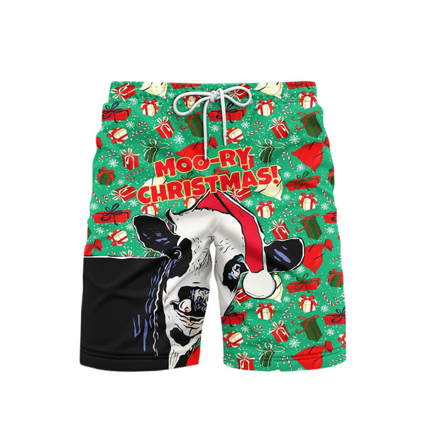 Moory Christmas Funny Xmas Cow Beach Shorts For Men