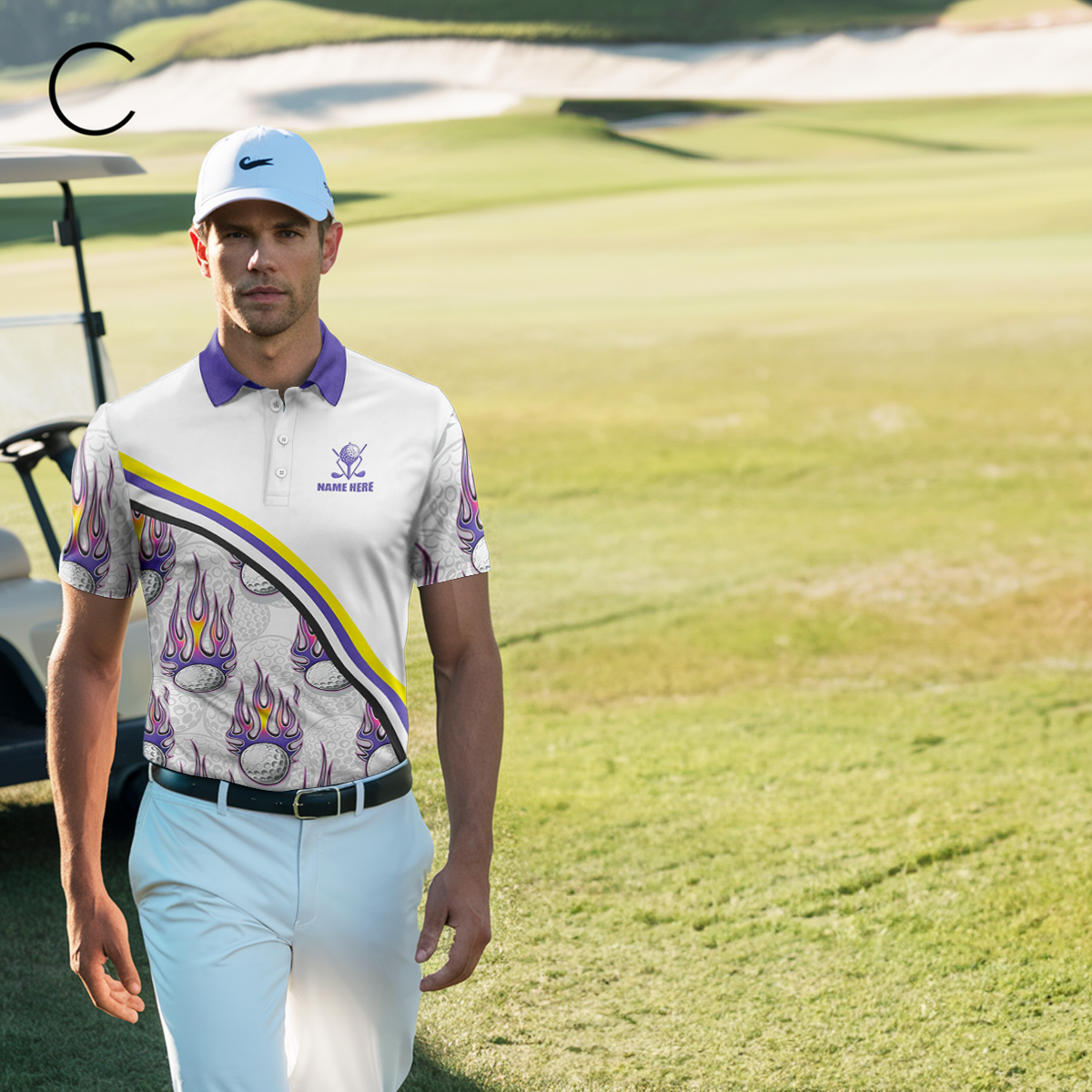 Men's Purple Flame Golf Polo Shirt with Custom Name N6106