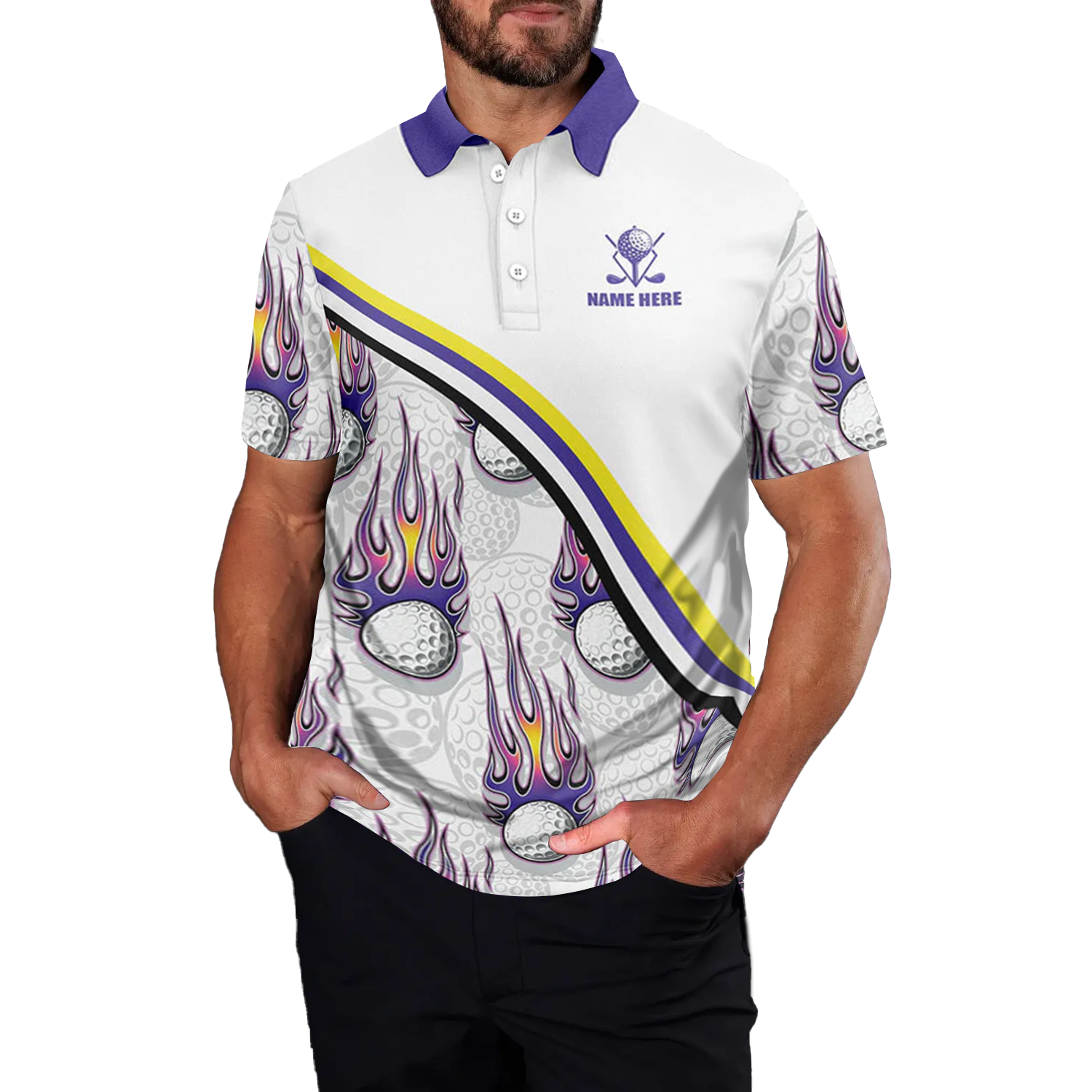 Men's Purple Flame Golf Polo Shirt with Custom Name N6106