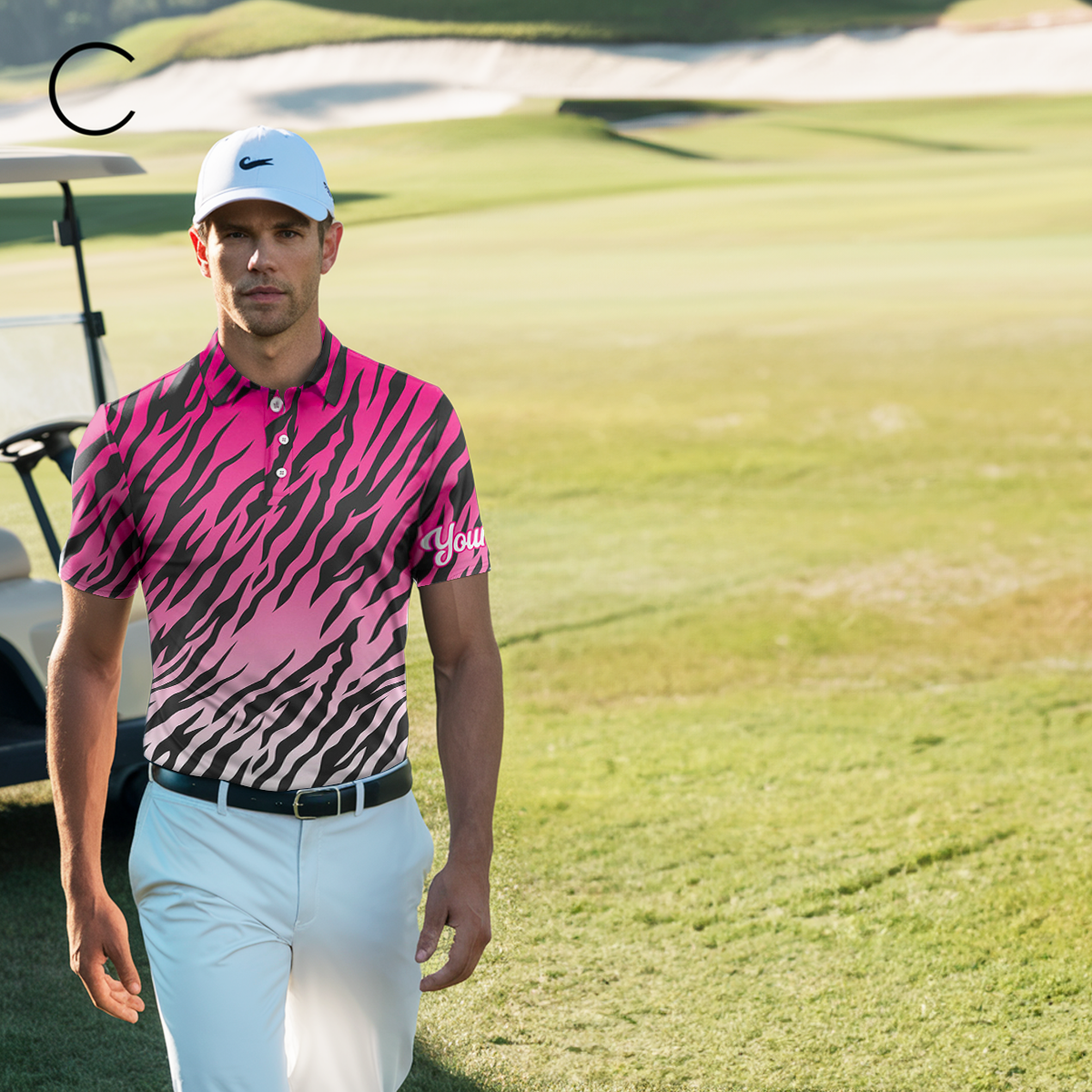 Men's Custom Golf Polo Shirt with Pink Tiger Stripes Pattern - Stylish Golf Apparel and Ideal Golf Gift N7111