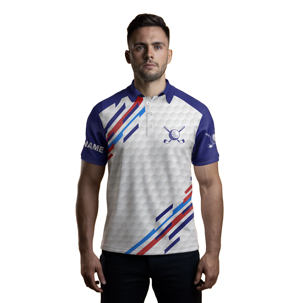 Customized White Men's Golf Polo Shirts | Personalized Golf Tops in Blue N7119