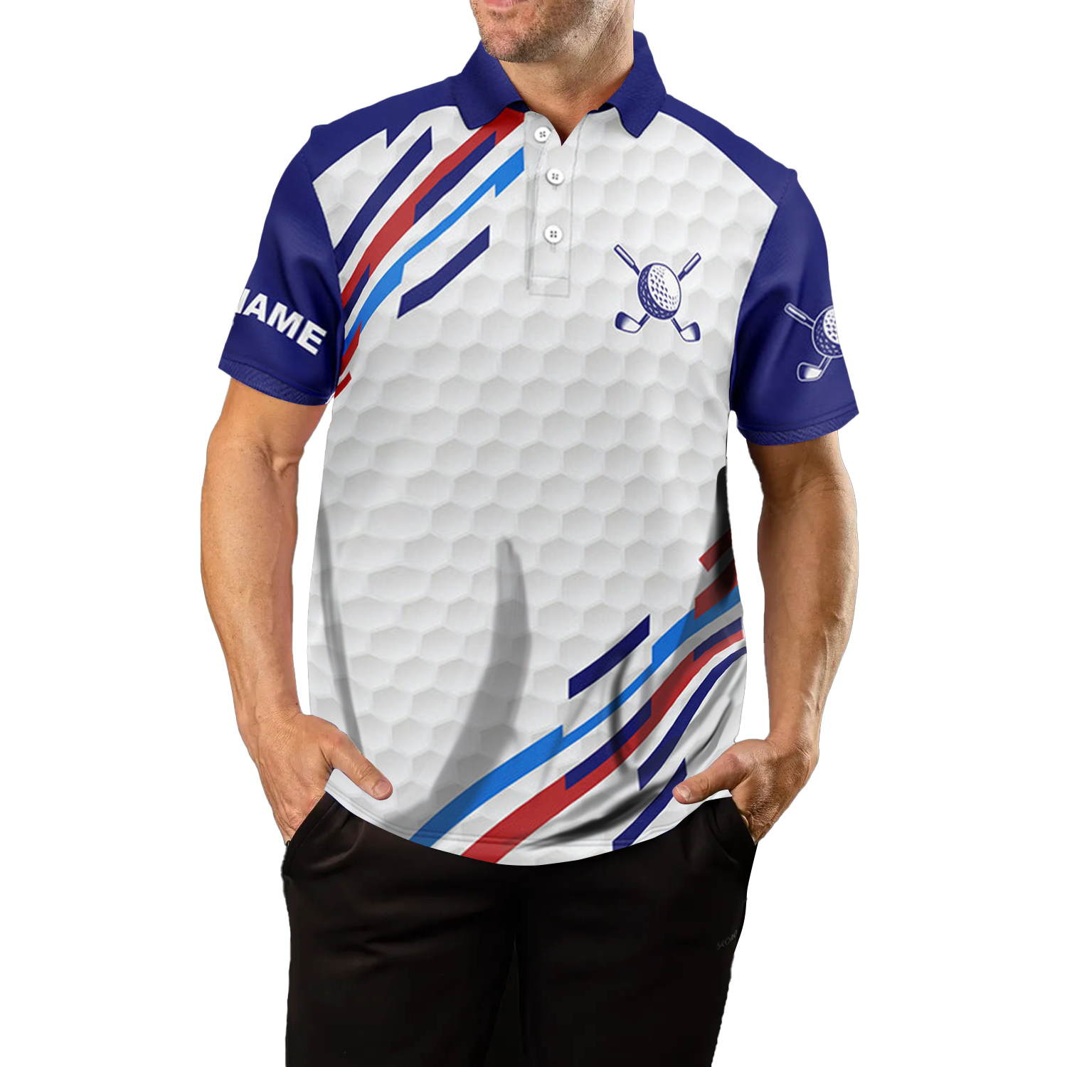 Customized White Men's Golf Polo Shirts | Personalized Golf Tops in Blue N7119