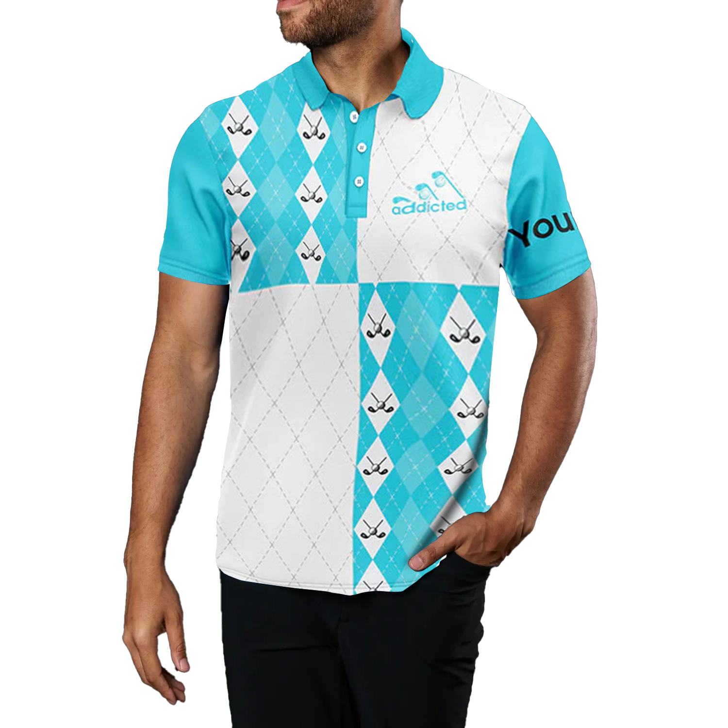 Men's Custom Cyan Blue and White Golf Polo Shirt with Golf Ball and Club Argyle Plaid Pattern N7447