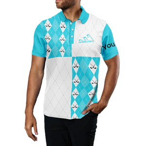 Men's Custom Cyan Blue and White Golf Polo Shirt with Golf Ball and Club Argyle Plaid Pattern N7447