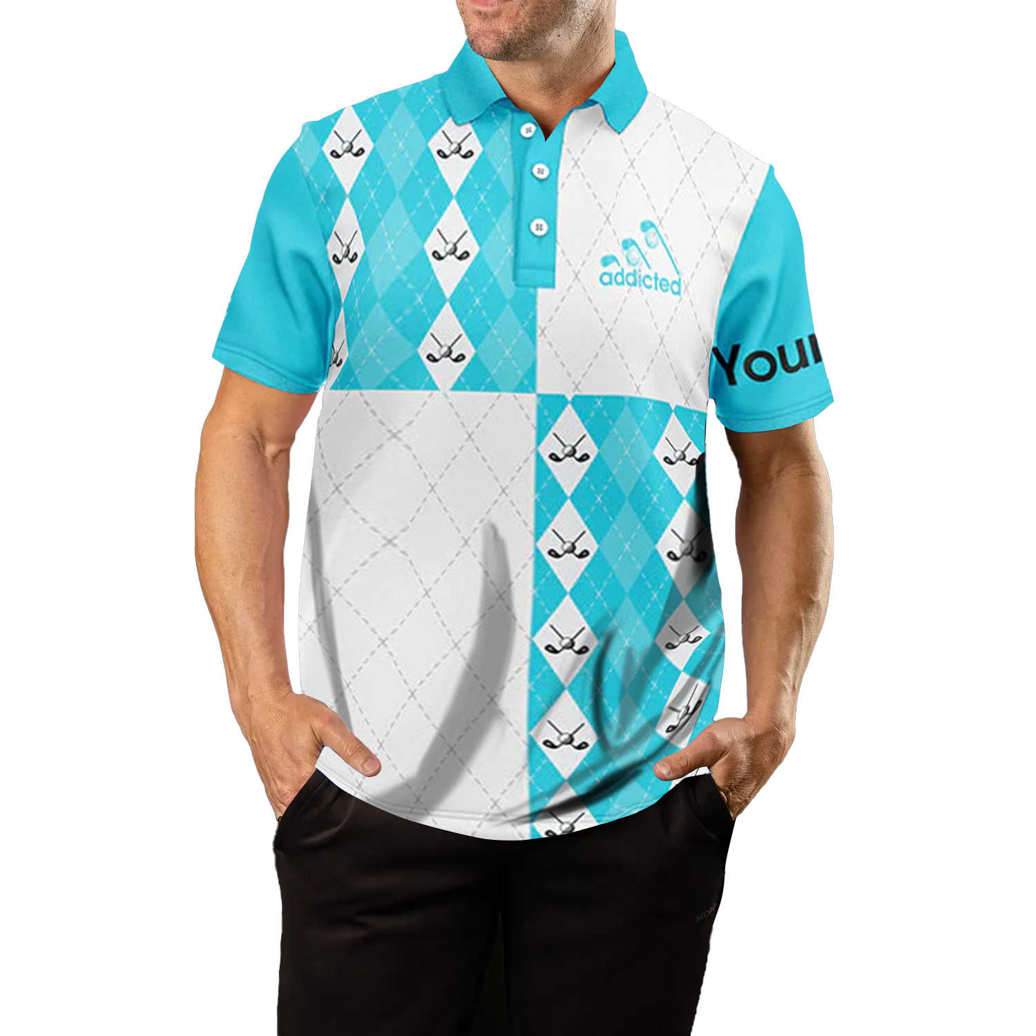 Men's Custom Cyan Blue and White Golf Polo Shirt with Golf Ball and Club Argyle Plaid Pattern N7447