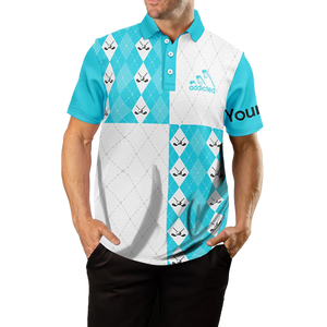 Men's Custom Cyan Blue and White Golf Polo Shirt with Golf Ball and Club Argyle Plaid Pattern N7447