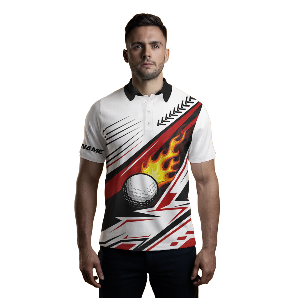Men's White Golf Ball Flame Polo Shirt | Custom Golf Apparel | Unique Golf Gifts | Red N7485