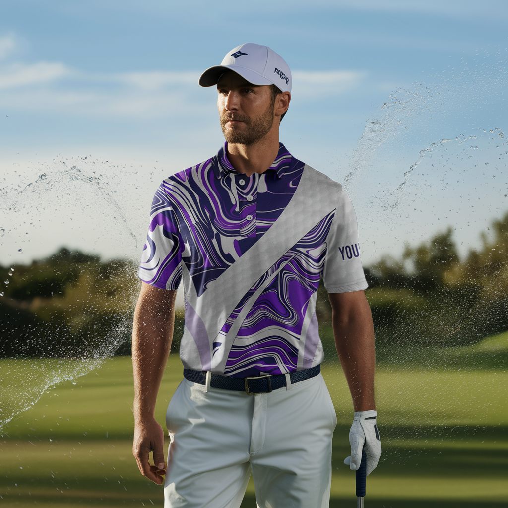 Men's Purple Camo Golf Polo Shirt with Custom White Golf Ball Design - Premium Golf Top for Men, Ideal Gift for Golf Enthusiasts N7511
