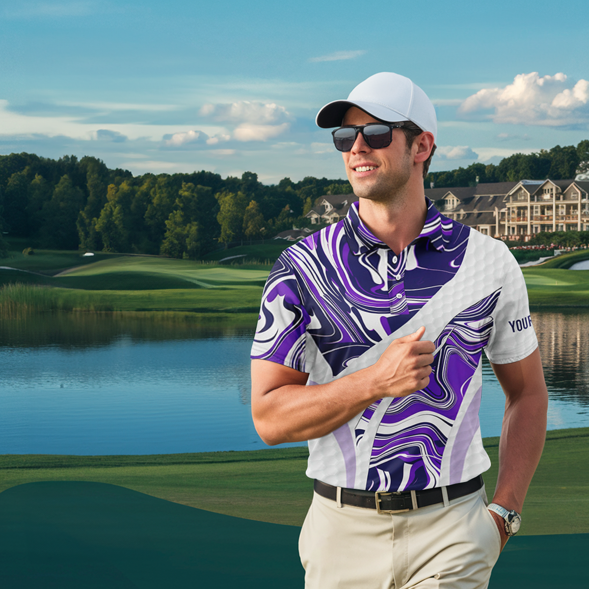 Men's Purple Camo Golf Polo Shirt with Custom White Golf Ball Design - Premium Golf Top for Men, Ideal Gift for Golf Enthusiasts N7511