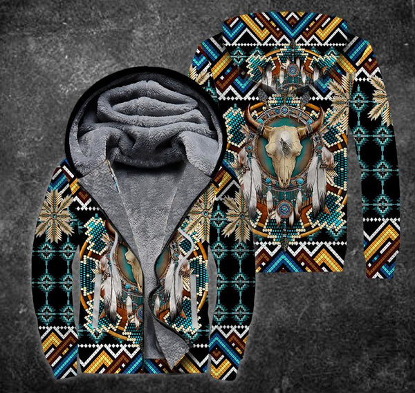Native American Buffalo Blue Fleece Zip Hoodie For Men & Women