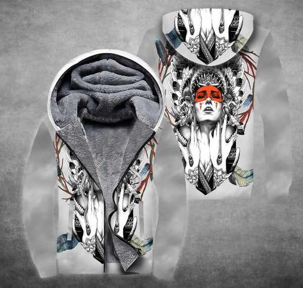Native American White Indian Fleece Zip Hoodie For Men & Women