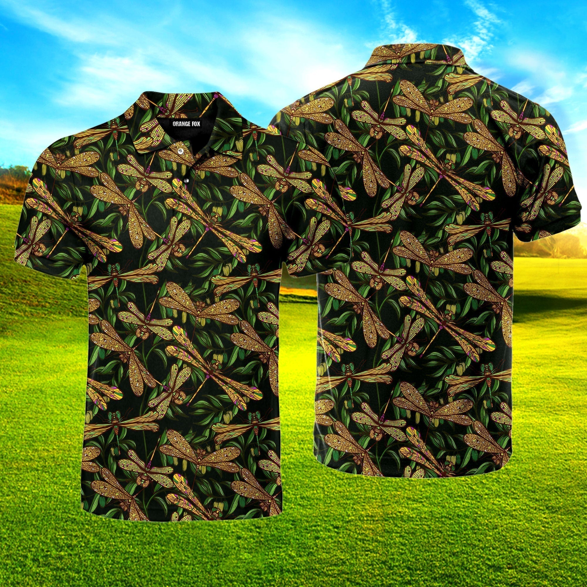Nature Colorful Dragonflies Olive Branches Polo Shirt For Men