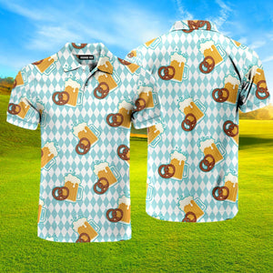 Oktoberfest Beer And Pretzels Blue Checkered Polo Shirt For Men