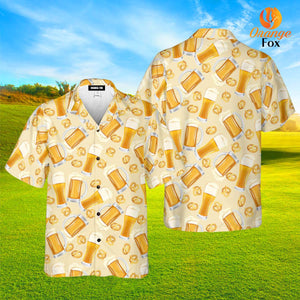 Oktoberfest Yellow Beer Pretzels Pattern Aloha Hawaiian Shirts For Men & Women