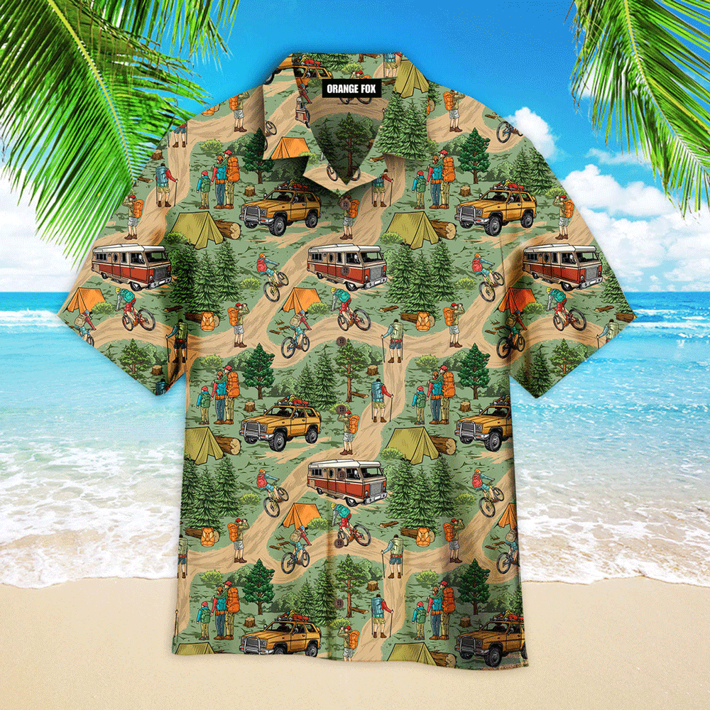 Outdoor Recreation Vintage Camping Bus Tree People Green Hawaiian Shirt For Men And Women WH1177