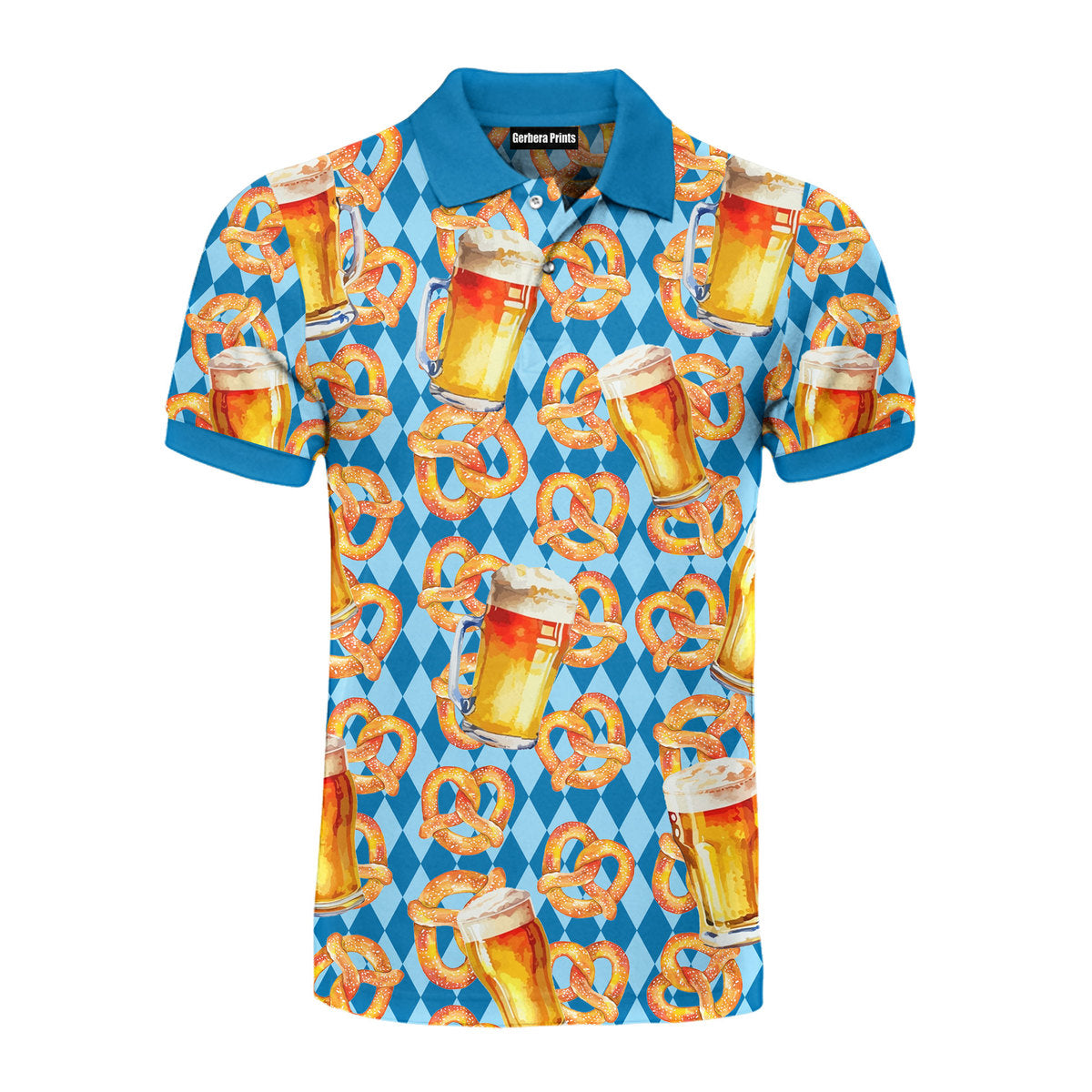 Oktoberfest Beer Pretzels Blue Checkered Polo Shirt For Men