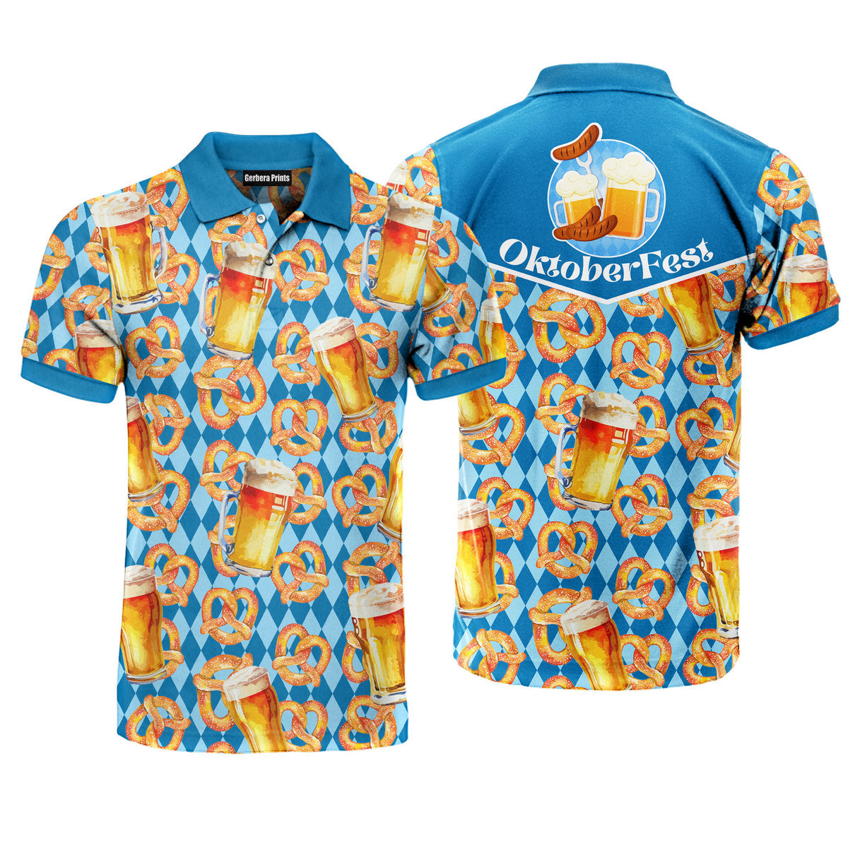 Oktoberfest Beer Pretzels Blue Checkered Polo Shirt For Men