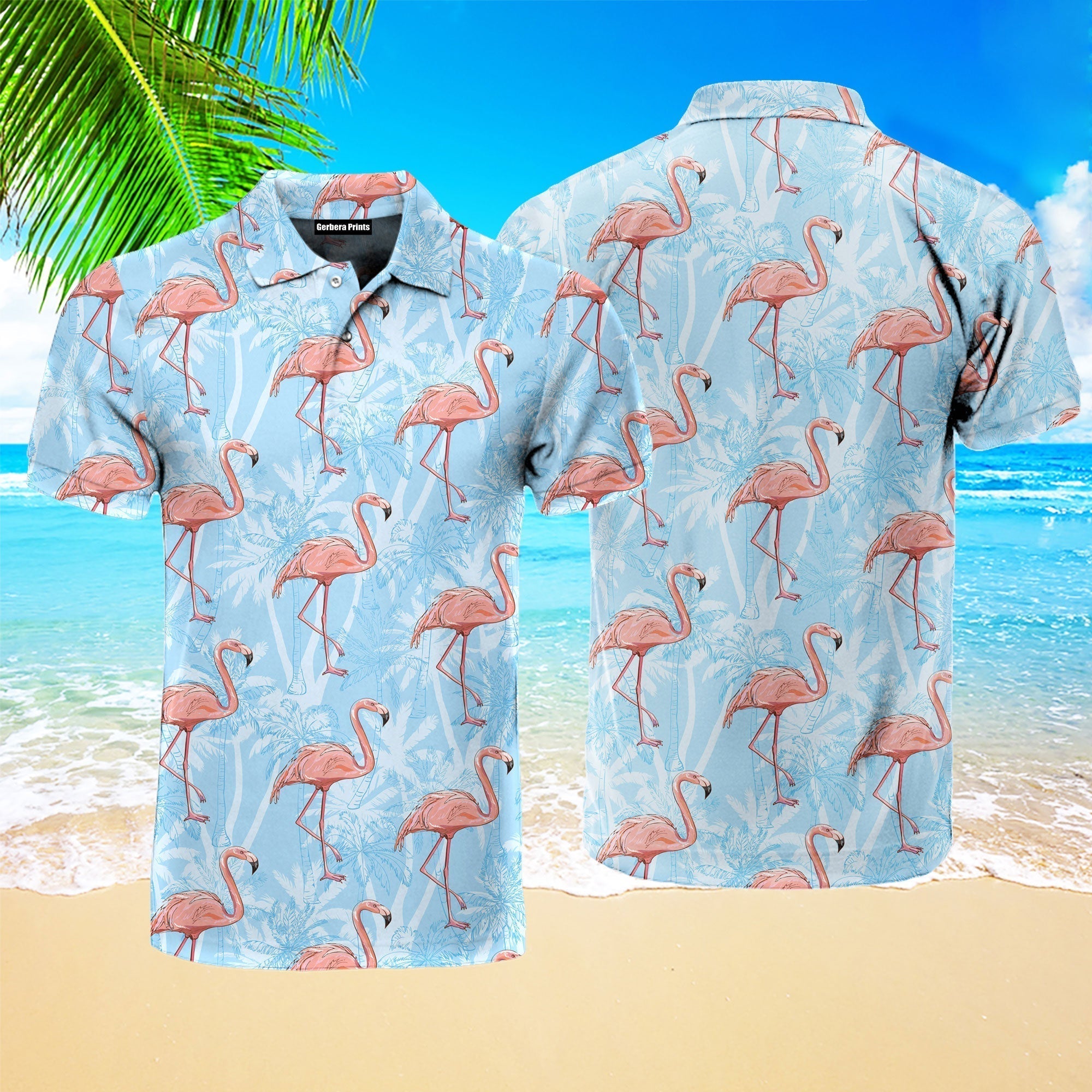Flamingo On Blue Tropical Polo Shirt For Men
